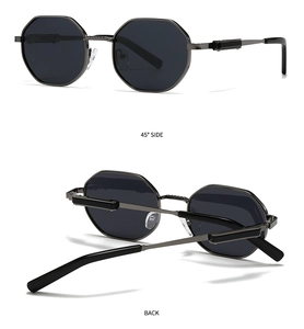 Detail view showing the 45 degree side and back structure of octagonal metal sunglasses