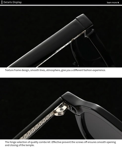 Detail of high-quality metal hinges and silver diamond pattern core inside black temples