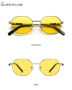Detailed views of silver metal polygonal sunglasses with yellow tinted lenses