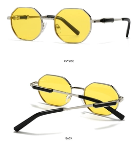 Detail view showing the 45-degree side and back of octagonal silver metal sunglasses