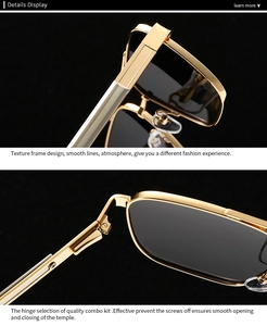 Detail display of golden polarized sunglasses featuring textured metal frames and hinges