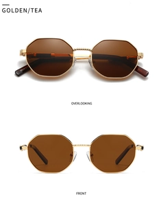 Front and top view of golden polygonal metal sunglasses with tea-colored lenses