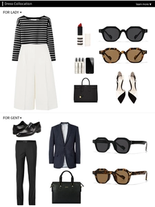 Lookbook layout showing black and tortoiseshell sunglasses with elegant outfit pairings