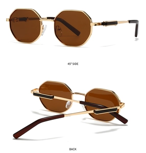 Detailed views of gold octagonal sunglasses with brown lenses from side and back angles