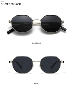 Detail view of silver metal hexagonal sunglasses showing model number WS1415 and dimensions
