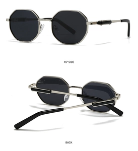 Detailed views showing the 45-degree side and back of silver octagonal polarized sunglasses