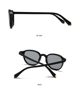 Detail view of black full-rim sunglasses featuring elegant gold metal end tips