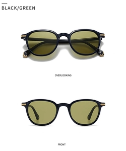 Detailed views of vintage round black frames with green lenses and gold metal accents
