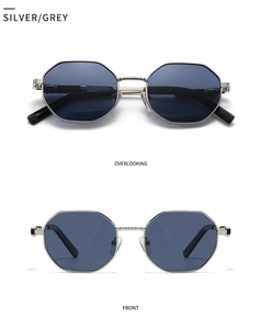 Detailed front and overlook view of silver polygon metal sunglasses with grey lenses