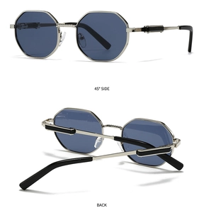 Detailed views showing the 45-degree side and back of octagonal metal polarized sunglasses