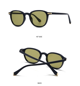 Detail view of vintage sunglasses with olive lenses and gold corner accents from two angles