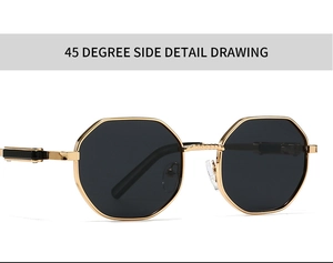 Close-up of golden octagonal metal frame and black side decorative detail on sunglasses