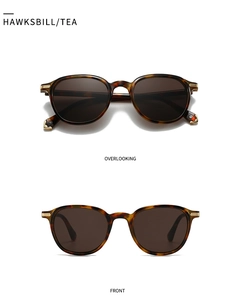 Macro detail of tortoiseshell retro sunglasses with tea lenses and golden metal accents