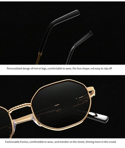 Detailed view of golden polygon metal frame sunglasses and non-slip temple design