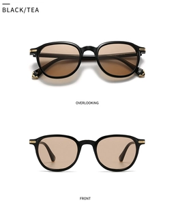 Dual view of retro sunglasses with black frames, tea lenses and gold metal accents