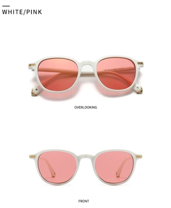 Front and top view of white square sunglasses with pink lenses and gold metal accents