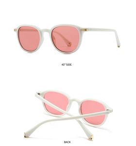 Detailed 45-degree side and back view of retro sunglasses with white frames and pink lenses