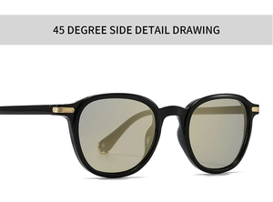 45-degree side view of black glossy sunglasses with gold metal striped hinges