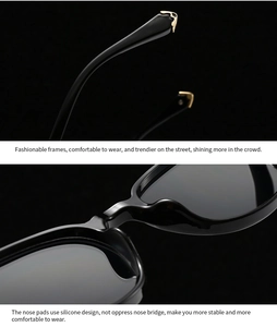 Detailed view of black sunglasses featuring ergonomic silicone nose pads and golden C-decor