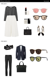 Flat lay of trendy retro sunglasses with stylish men's and women's fashion outfits