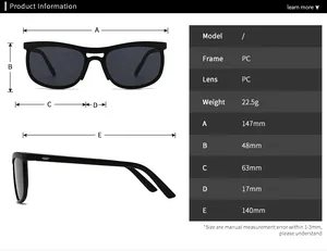 Detailed size guide for modern cat eye sunglasses with PC frame and lens dimensions