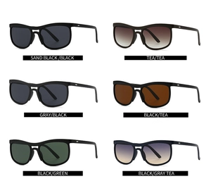 Collage of cat eye sunglasses in six color variants including sand black and tea lenses