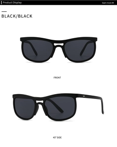 Front and 45-degree side views of black cat-eye sunglasses with silver hinge accents