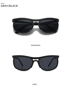 Dual view of modern black cat-eye sunglasses with matte frame and dark gray lenses