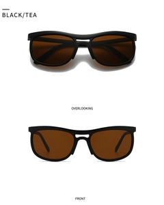 Front and top view of trendy black cat eye sunglasses with tea-colored lenses