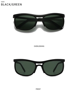 Front and top view of matte black cat eye sunglasses with dark green lenses