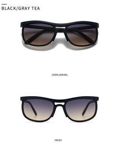 Front and top view of modern black cat-eye sunglasses with gray tea gradient lenses