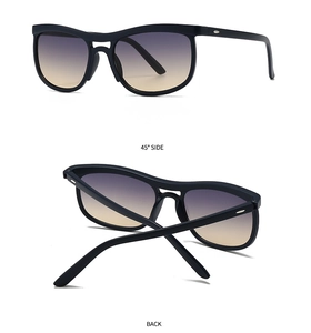 Detail views of black cat-eye sunglasses with gradient lenses from 45 degree side and back