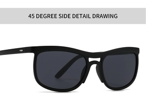 Detailed 45-degree side view of matte black sunglasses with metal rivet hinges