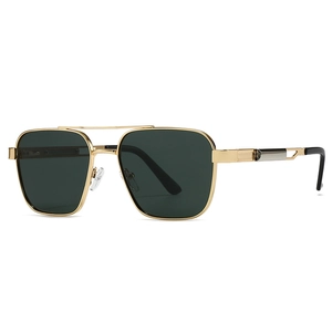 Classic men's square polarized sunglasses with gold metal frame and dark green lenses