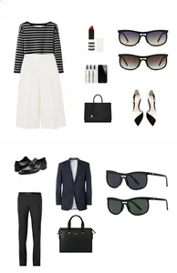 Flat lay of modern cat eye sunglasses with stylish professional clothing and accessories