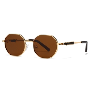 Octagon polarized sunglasses with gold metal frame and brown lenses for men