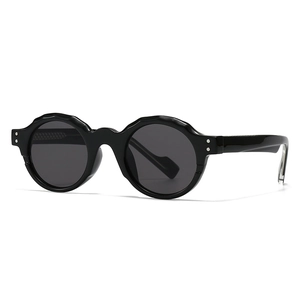 Retro black round sunglasses with wavy textured frames and classic silver rivet hinges