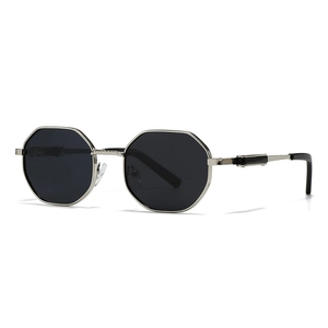Octagonal polarized sunglasses with silver metal frames and dark lenses for men