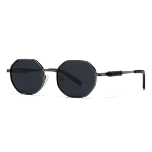 Octagonal metal frame sunglasses with black polarized lenses and gunmetal finish