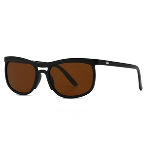 Modern cat-eye sunglasses with black frame and brown lenses featuring silver rivets