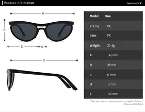 Detailed size chart for cat-eye sunglasses featuring PC frame dimensions and measurements