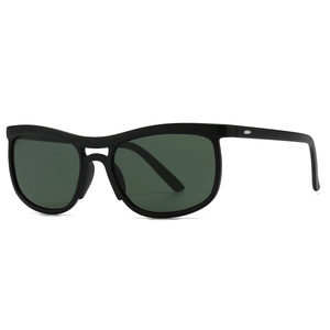 Modern cat-eye black sunglasses with dark green lenses and silver metal temple accents