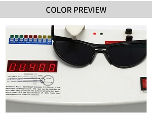 Detailed UV400 protection test showing black cat eye sunglasses blocking ultraviolet light