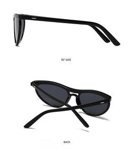 Detail view of black cat-eye sunglasses with silver oval accents on the side and back
