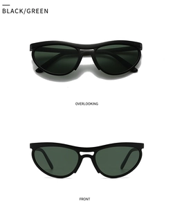 Front and top view of cat-eye sunglasses with black frames and dark green lenses