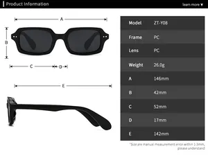 Detaillierte Größentabelle und technische Daten für die eckige Sonnenbrille ZT-Y08