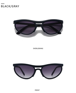 Front and top view of modern cat eye sunglasses with black frames and gray lenses