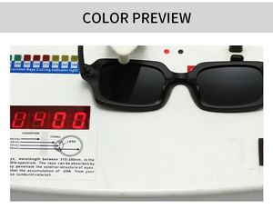 Detailsicht der schwarzen quadratischen Sonnenbrille auf einem UV-Schutz-Testgerät