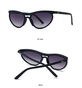Cat eye sunglasses with purple gradient lenses and silver rivet detail from two angles