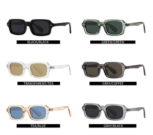 Matrix-Anzeige von Vintage-Rechteck-Sonnenbrillen in sechs verschiedenen Farben auf Weiß